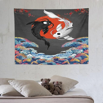 Houselerax Japanese Koi Fish Tapestries, Yin Yang Big Wave Cherry Blossom Tapestry Wall Hanging for Bedroom Living Room Office Decor 40"x30"