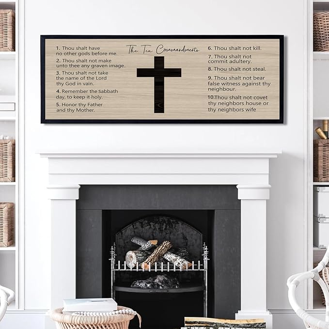 Ten Commandments Rustic Bible Verse Framed Wall Art 40" x 15" Black Religious Christian Slogan Representing God Jesus Christ Prayer Vintage Holy Inspirational Catholic Scripture Decor