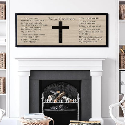 Ten Commandments Rustic Bible Verse Framed Wall Art 40" x 15" Black Religious Christian Slogan Representing God Jesus Christ Prayer Vintage Holy Inspirational Catholic Scripture Decor