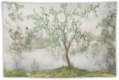 HZOHNAGO Japanese Tapestry Tree Misty Garden Lake Printed Wall Tapestry Ink Painting Wall Hanging for Bedroom Living Room Dorm 90" W x 60" H