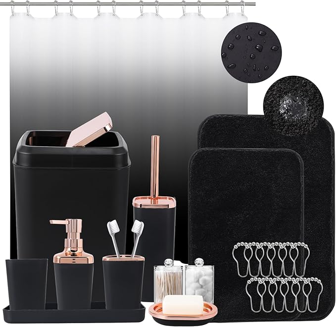 Bathroom Accessory Set–Bathroom Set with Shower Curtain and Rugs, No Slip Bathroom Rugs Super Absorbent, Black Ombre Water-Proof Shower Curtain with Hooks,Black Bathroom Sets Complete for Home