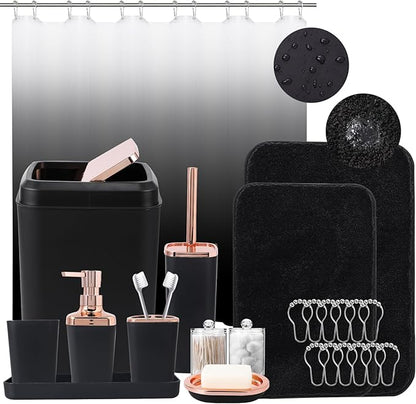 Bathroom Accessory Set–Bathroom Set with Shower Curtain and Rugs, No Slip Bathroom Rugs Super Absorbent, Black Ombre Water-Proof Shower Curtain with Hooks,Black Bathroom Sets Complete for Home