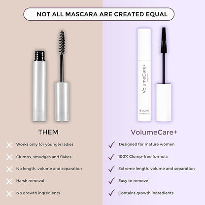 VolumeCare+ Mascara For Older Women - Extreme Length and Volume 2-in-1 Formula - No Clumps, Long-Wearing, Hypoallergenic Mascara For Sensitive Eyes (Dark Brown)