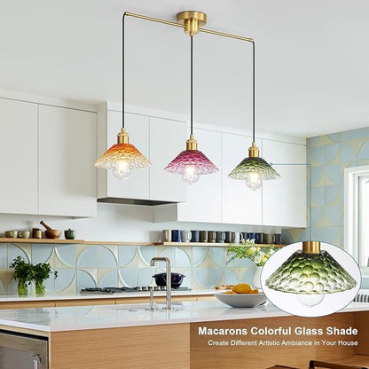 3-Light Pendant Lights Kitchen Island, Ceiling Hanging Lighting Fixtures, Colorful Vintage Glass Shade Pendants, Modern Gold Dining Room Chandeliers Height Adjustable for Farmhouse Living Room