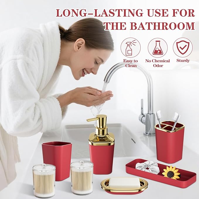 Dark Red Bathroom Accessory Set, 9-Piece Burgundy Bathroom Set with Trash Can, Toothbrush Holder, Toothbrush Cup,Soap Dispenser,Soap Dish,Toilet Brush Holder,2 Qtip Holder Dispensers and Tray