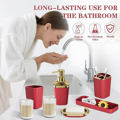 Dark Red Bathroom Accessory Set, 9-Piece Burgundy Bathroom Set with Trash Can, Toothbrush Holder, Toothbrush Cup,Soap Dispenser,Soap Dish,Toilet Brush Holder,2 Qtip Holder Dispensers and Tray