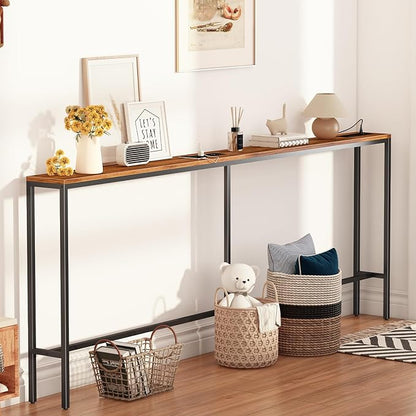 80.7'' Narrow Sofa Table with 2 Power Outlets (6 AC Outlets & 4 USB Ports), Thin Console Tables Narrow Long, Behind Couch Table Skinny for Entryway, Living Room, Hallway, Foyer, Rustic Brown