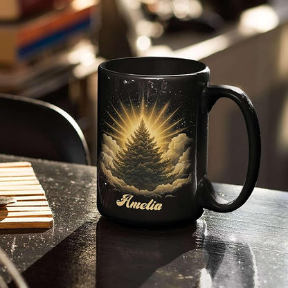 Spiritual Nature Themed Ceramic Cup, Custom Name Coffee Mug 11oz or 15oz, Personalized Pine Tree Black Cup for Christmas, Custom Winter Season Coffee Mug, Gifts for Friends, Family
