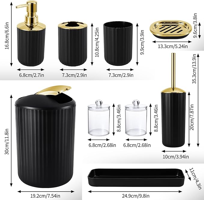 9PCS Black and Gold Bathroom Accessories Set Complete with Trash Can, Vanity Tray, Soap Dispenser, Soap Dish, Toothbrush Holder, Toothbrush Cup, Toilet Brush and Qtip Holders