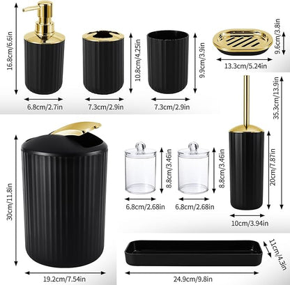 9PCS Black and Gold Bathroom Accessories Set Complete with Trash Can, Vanity Tray, Soap Dispenser, Soap Dish, Toothbrush Holder, Toothbrush Cup, Toilet Brush and Qtip Holders