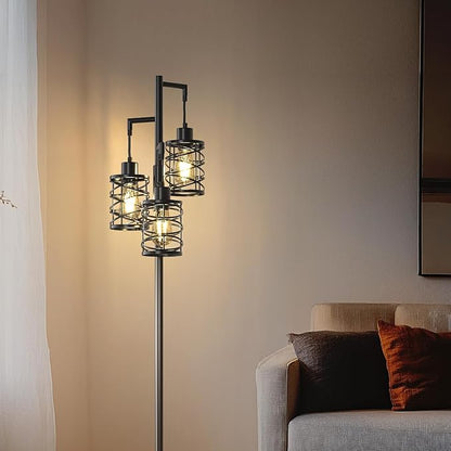 Oneach 70" Industrial Floor Lamp, Stepless Dimmable Standing Lamp with 3 Bulbs, Farmhouse Corner Standing Tree Lamp for Living Room, Tall Lamps for Bedroom, Office, Study Room, Dining Room, Black