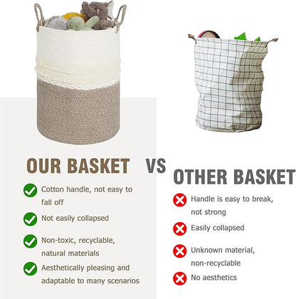 danpinera 79 L Large Laundry Basket, Tall Woven Cotton Storage Hamper with Handles, Dirty Clothes Hamper in Bathroom, Decorative Storage Basket for Living Room White & Brown