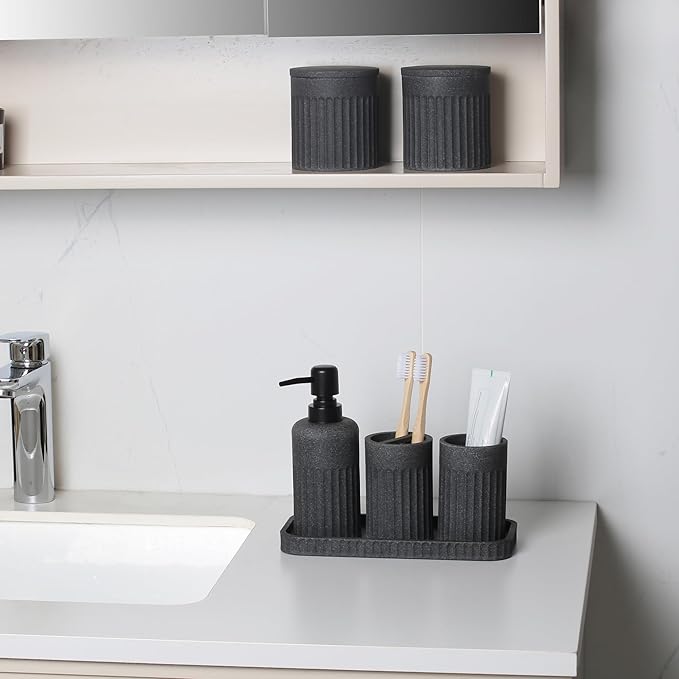 Bathroom Accessory Set - 6 Pieces Bathroom Accessories Set Complete with Soap Dispenser, Toothbrush Holders, Tumbler, Vanity Tray and 2 Qtip Holder for Home Organizer and Decor, Dark Grey