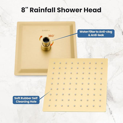 Airuida Shower Faucet Set Bathroom Rain Shower System SUS304 Stainless Steel Single Handle With Male Threads Rough-in Valve Shower Trim Kit 8 Inch Wall Mount Shower Head Brushed Gold