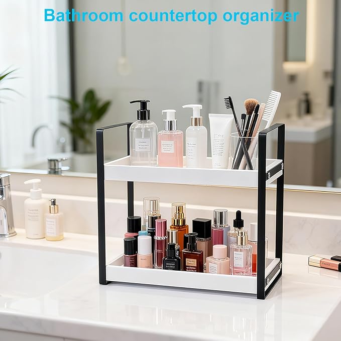 Bathroom Counter Organizer with Basket, Wooden Sink Shelf for Vanity Storage, Storage Organizers for Bathroom, Kitchen, Dresser (Black - White)