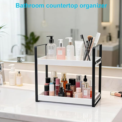 Bathroom Counter Organizer with Basket, Wooden Sink Shelf for Vanity Storage, Storage Organizers for Bathroom, Kitchen, Dresser (Black - White)