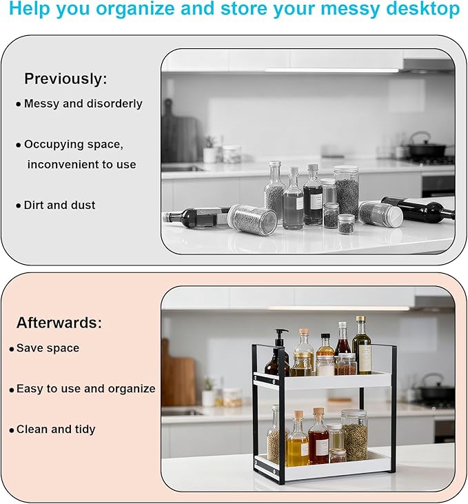 Bathroom Counter Organizer with Basket, Wooden Sink Shelf for Vanity Storage, Storage Organizers for Bathroom, Kitchen, Dresser (Black - White)