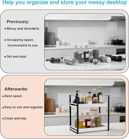 Bathroom Counter Organizer with Basket, Wooden Sink Shelf for Vanity Storage, Storage Organizers for Bathroom, Kitchen, Dresser (Black - White)