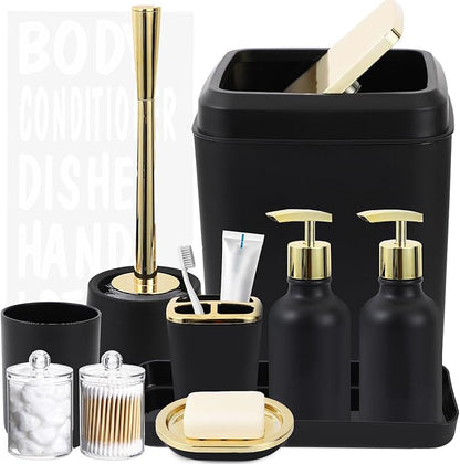 Black and Gold Bathroom Accessories Set - 10 Piece Bathroom Sets with Trash Can, Soap Dispenser, Soap Dish, Toothbrush Holder and Cup, Toilet Brush, Qtip Holder, Bathroom Accessory Set Complete