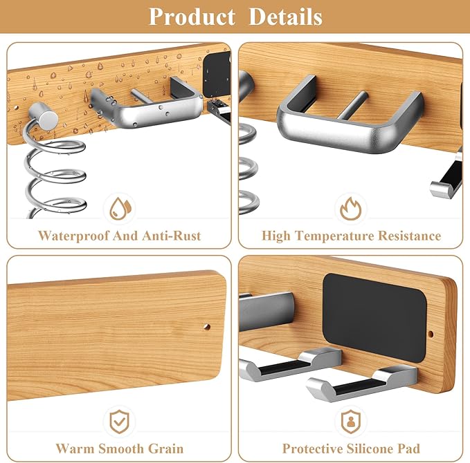 Tindbea Hair Dryer Holder Curling Iron Holder Flat Iron, Blow Dryer Holder Wall Mount, 3 in 1 Bathroom Hair Tool Organizer Rack for Universal Dryer, Cherry Wood Silver Color