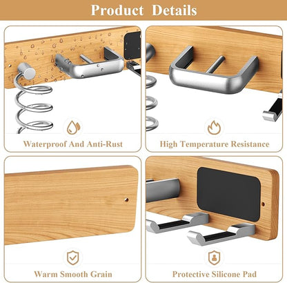 Tindbea Hair Dryer Holder Curling Iron Holder Flat Iron, Blow Dryer Holder Wall Mount, 3 in 1 Bathroom Hair Tool Organizer Rack for Universal Dryer, Cherry Wood Silver Color