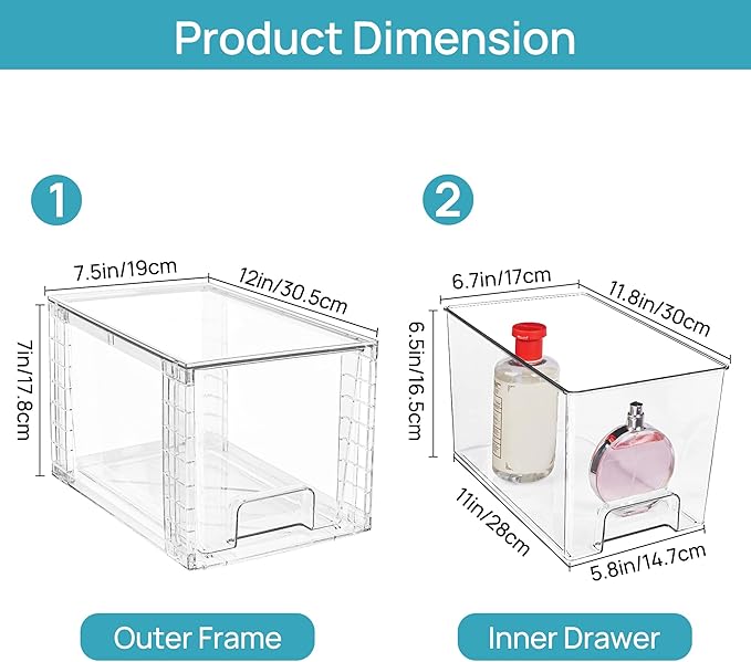 Vtopmart 2 Pack Large Stackable Storage Drawers,Clear Acrylic Drawer Organizers with Handles, Easily Assemble for Bathroom,Kitchen Undersink,Cabinet,Closet,Makeup,Pantry organization and Storage