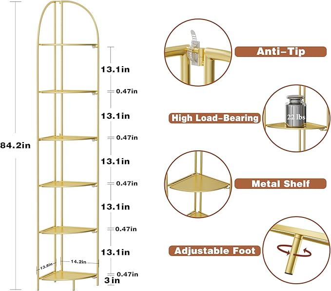 Crofy Foldable 6 Tier Corner Shelf, Metal Corner Plant Stand with Gold Frame and Gold Shelves, Corner Display Rack Multipurpose Shelving Unit for Living Room, Bedroom, Bathroom