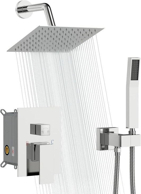 Sarlai Shower Faucet Set Bathroom Square Rainfall Shower Head and Handle Combo Wall Mounted Shower Faucet with Valve 8 Inch Shower Head Trim Systems Chrome