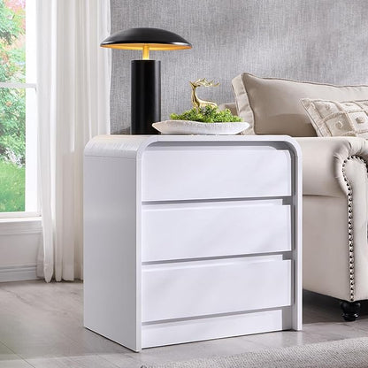 25" Tall Modern Nightstand Set of 2, 23.6" Wide Wood Bedside Table with Charging Station, 3 Storage Drawers Side Table w/Curved Profile Design, End Table for Bedroom, White