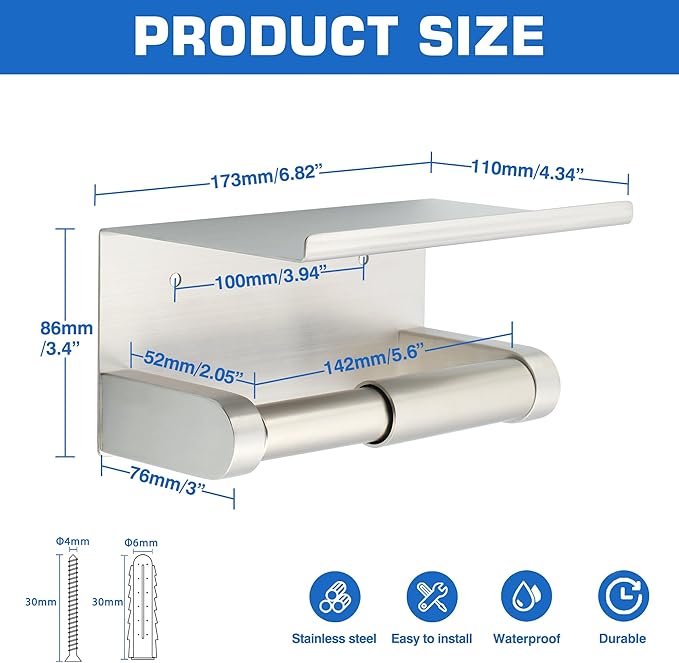 Alise Toilet Paper Holder,Double Post Paper Holder SUS304 Stainless Steel Toilet Paper Roll Holder with Shelf Spring Loaded Tissue Holder (Adhesive or Screw),Brushed Nickel