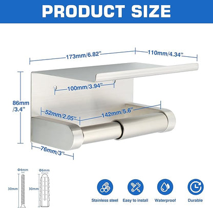 Alise Toilet Paper Holder,Double Post Paper Holder SUS304 Stainless Steel Toilet Paper Roll Holder with Shelf Spring Loaded Tissue Holder (Adhesive or Screw),Brushed Nickel