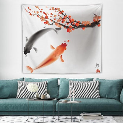 Houselerax Japanese Koi Fish Tapestry, Cherry Blossoms Asian Oriental Flower Branch Koi Fish Carp Tapestries Wall Hanging for Bedroom Living Room Office Decor 60"x50"