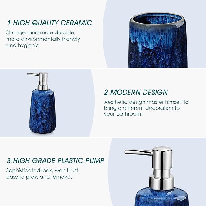 vancasso Blue Bathroom Accessories Set, Ceramic Soap Dispenser and Toothbrush Holder Sets, Stoneware 4 Pcs Bathroom Sink Set for Modern Home Decor, Series Starry
