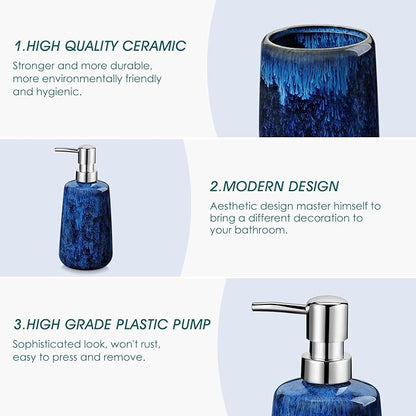vancasso Blue Bathroom Accessories Set, Ceramic Soap Dispenser and Toothbrush Holder Sets, Stoneware 4 Pcs Bathroom Sink Set for Modern Home Decor, Series Starry