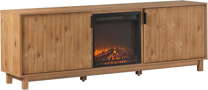 Walker Edison Arundo Reeded TV Stand with Fireplace & Storage, 70" Fireplace, English Oak