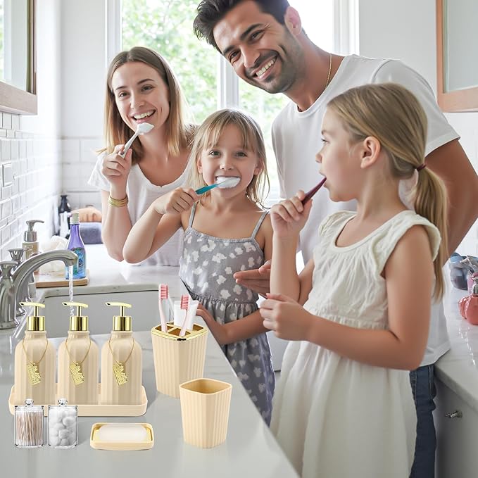 32PCS Bathroom Accessory Set Bathroom Accessories Set Beige Bathroom Set, Shower Curtain Set, 2 Piece Bath Towel Set, 3PC Soap Dispenser, Toilet Brush & Trash Can