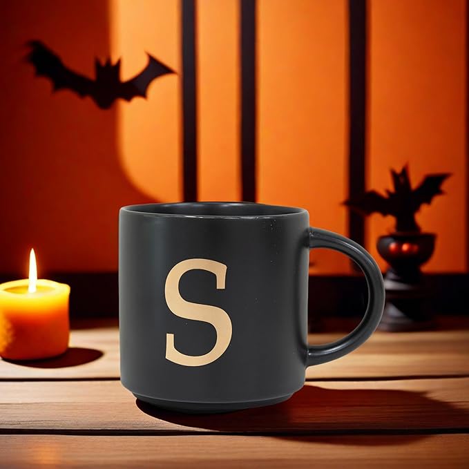 COLLECTIVE HOME - Monogram Ceramic Mugs, 15 oz Golden Initial Black Coffee Cups, Elegant Alphabet Tea Mugs, Elegant Personalized Mug with Gift Box, Unique Mug with Double Side Capital Lette (S)