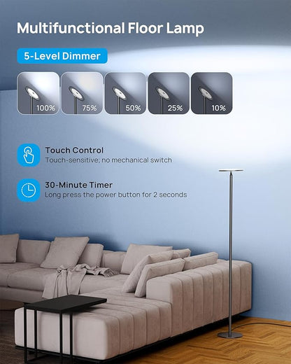 TROND Floor Lamp, Bright Sky LED Modern Torchiere Lamp, 71 in Tall Aluminum Pole Light, 5500K Natural Daylight Standing Light, Touch 5-Level Dimmable, 5000 lm, 30 Mins Timer for Living Room Bedroom