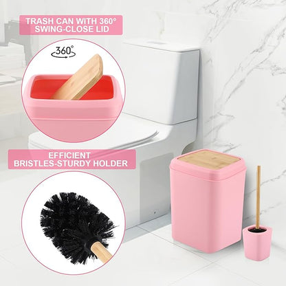 Pink and Wood Bathroom Accessories Set 19Pcs, Bathroom Set with Trash Can and Toilet Brush, 3PCS Drill Free 17oz Soap Dispenser Wall Mounted, Toothbrush Holder and Cup, Soap Dish, Qtip Holder