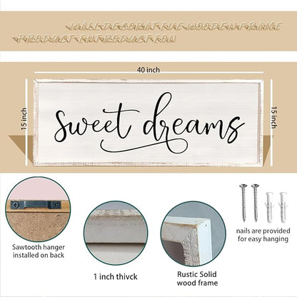 comurdyo Sweet Dreams Wall Decor Above Bed Sign 40" x 15" Master Bedroom Wooden Antique Framed Large Rustic Farmhouse Guest Room Beautiful Simple Hanging Plaque Over Bed Wall Art (White)