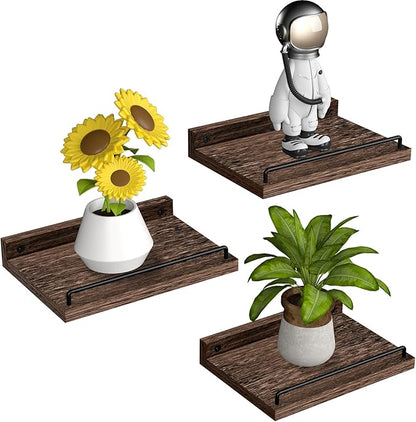 Small Floating Shelf, 6 X 9 Inches Farmhouse Wall Shelves for Living Room, Bedroom, Picture Frames, Plants, Kitchen, Set of 3 (Brown)