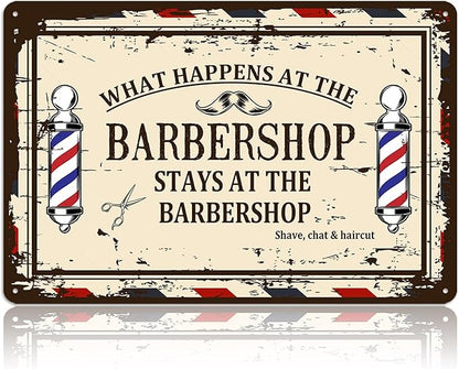 Barber Shop Decor Accessories - Vintage Barbershop Metal Tin Signs Haircut Wall Art Posters Gifts for Men Decorations - What Happens At The Barbershop Stays At The Barbershop Sign 8x12 Inch