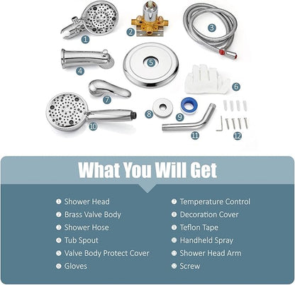 Aolemi Tub Shower Faucet Set with Tub Spout Rain Shower Head System Shower Trim Kit Pressure Rough-in Valve Included ABS 8 Setting Dual Shower Head and Handheld Spray Polish Chrome