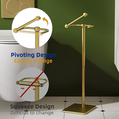 RUACQ Toilet Paper Holder Stand, Bathroom Toilet Paper Roll Holder Free Standing, Toilet Tissue Holder Stand with Post Pivoting Design, Stable Weighted Base, SUS304 Stainless Steel (Brushed Gold)