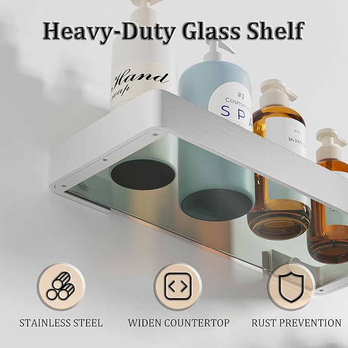 Alise Glass Bathroom Shelf, Brushed Nickel 11.8 Inch Rectangular Floating Shelves for Bathroom, Showers, Vanities, Kitchens,SUS304 Stainless Steel Glass Shelf for Toilet Room Decoration