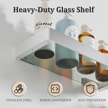 Alise Glass Bathroom Shelf, Brushed Nickel 11.8 Inch Rectangular Floating Shelves for Bathroom, Showers, Vanities, Kitchens,SUS304 Stainless Steel Glass Shelf for Toilet Room Decoration