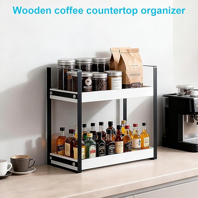 Bathroom Counter Organizer with Basket, Wooden Sink Shelf for Vanity Storage, Storage Organizers for Bathroom, Kitchen, Dresser (Black - White)