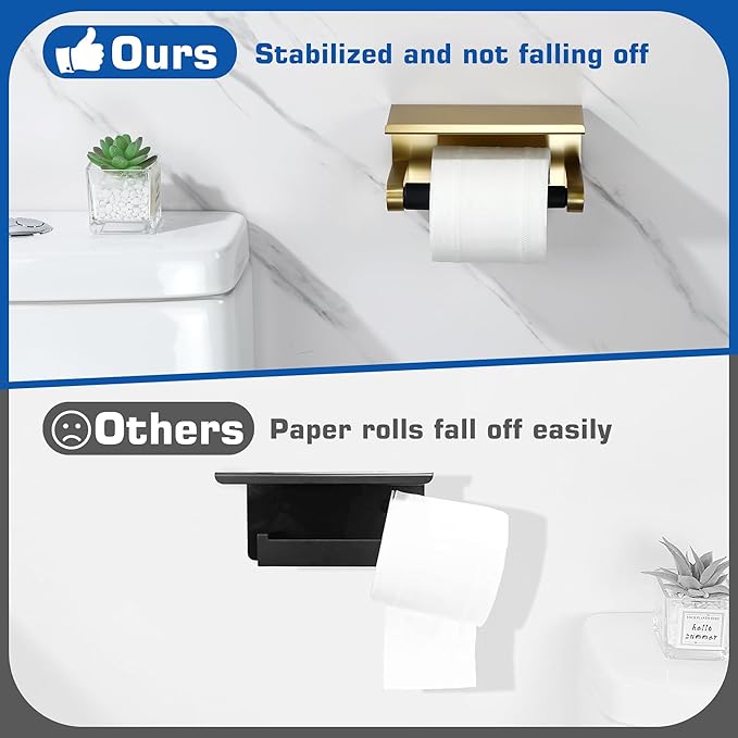 Alise Toilet Paper Holder Adhesive Toilet Paper Roll Holder SUS304 Stainless Steel Toilet Paper Holder with Shelf Spring Loaded Tissue Holder Wall Mount(Adhesive or Screw),Gold and Black Finish