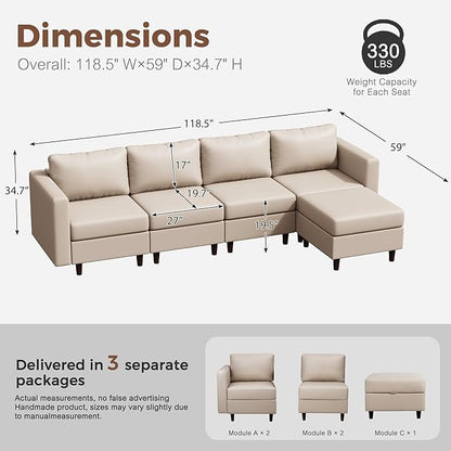 118.5" Faux Leather Modular Sectional Sofa, L Shaped Couch Set for Living Room, 5-Seater Comfy Cloud Couches with Movable Storage Ottoman,DIY Combination - Whitesand