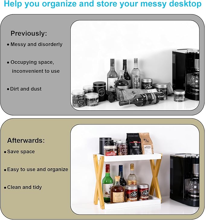 Bathroom Counter Organizer with Basket, Wooden Sink Shelf for Vanity Storage, Storage Organizers for Bathroom, Kitchen, Dresser (Gold-White)